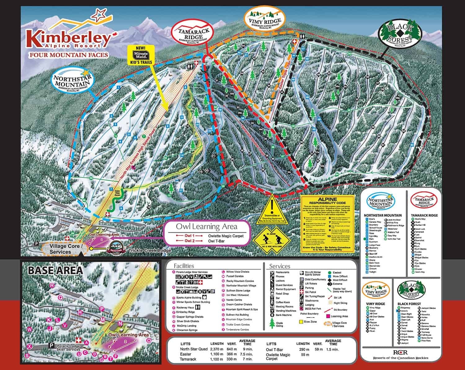Pistekort over Kimberley Alpine Resort i Canada med oversigt over pister, lifter og faciliteter.